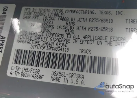 2021 Toyota Tundra Sr5 из США, поврежденный, VIN 5TFUY5F10MX034119